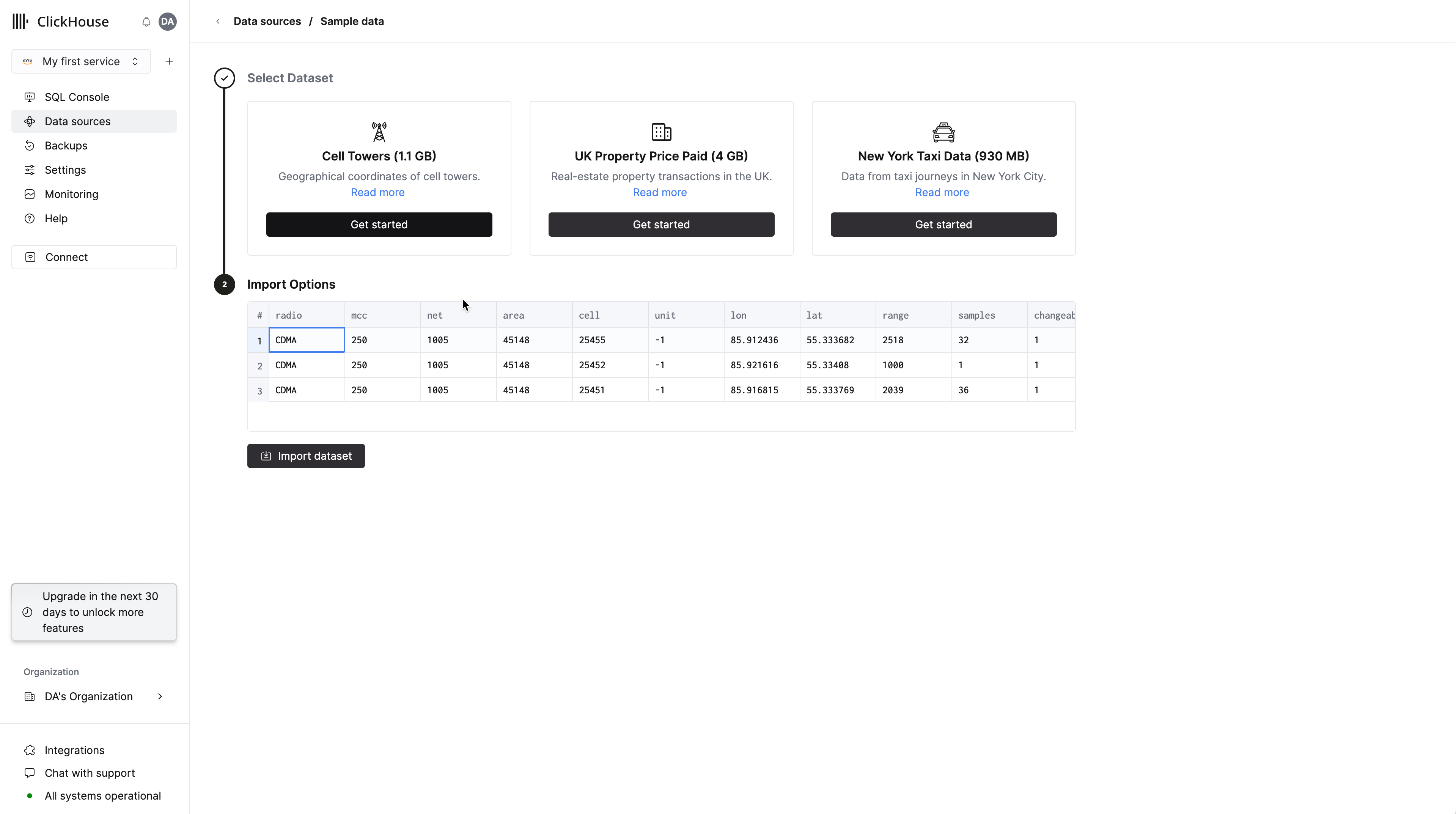 Загрузка набора данных о �сотовых вышках