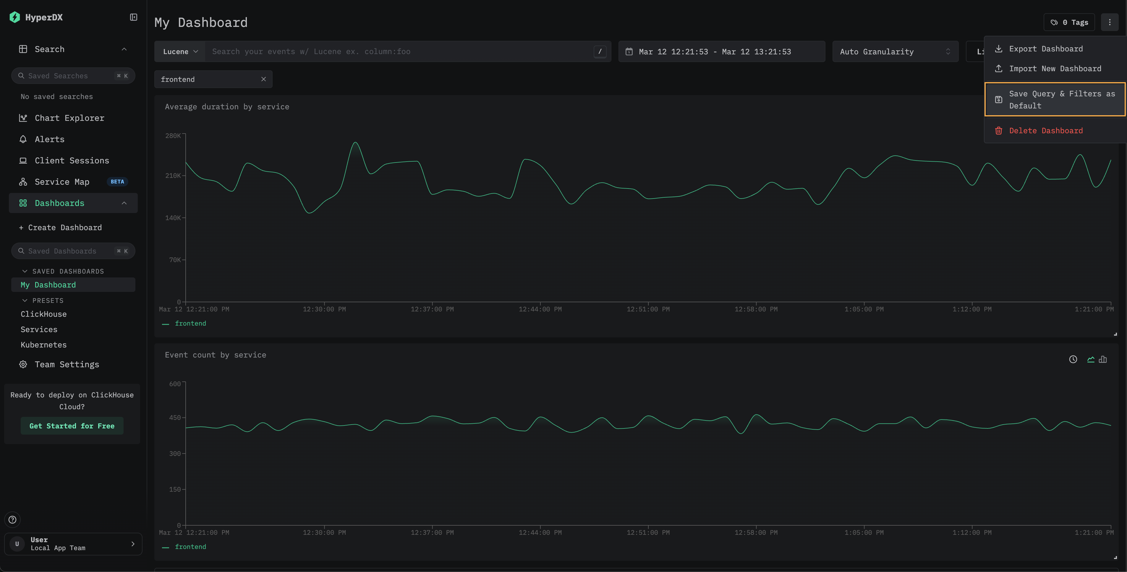 Меню панели мониторинга с параметром Save Query and Filters as Default